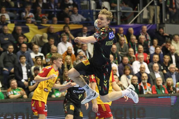 18 02 2026, xgox, Handball, EHF Champions League, SC Magdeburg GOG Handbold v l Gisli Thorgeir Kristjansson Magdeburg, 10 throws goal, Torschuetze, erzielt Tor, Treffer, scores the goal Magdeburg