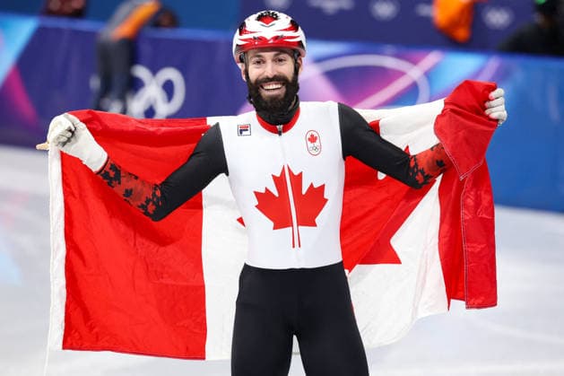 Winter Olympics - Steven Dubois Wins Gold At Speed skating, Eisschnelllauf Men s 500m Steven Dubois of Team Canada celebrates after winning gold at the Short Track Speed Skating Men s 500m on day twelve of the Milano Cortina 2026 Winter Olympic Games, Olympische Spiele, Olympia, OS at Milano Ice Skating Arena on February 18, 2026 in Milan, Italy. Photo by Alexis Jumeau ABACAPRESS.COM Milan Italy  Copyright: xJumeauxAlexis ABACAx