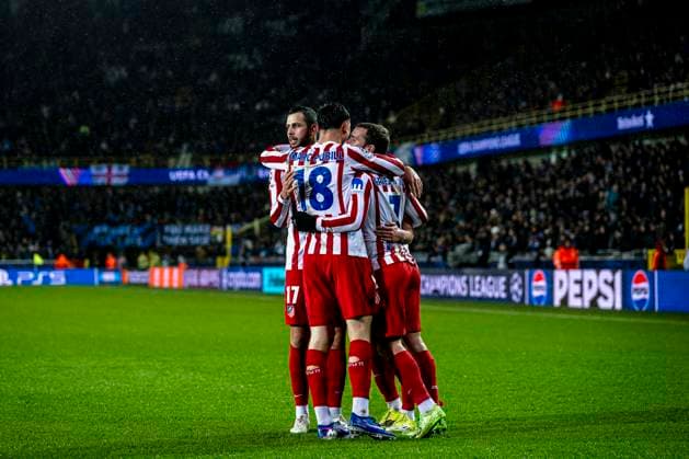 Atletico de Madrid defender David Hancko, Atletico de Madrid defender Marc Pubill, Atletico de Madrid forwarder Antoine Griezmann celebrating the goal, during the match Club Brugge KV vs Atletico de Madrid at the Jan Breydelstadion for the Champions League KO play offs 1st leg season 2025 2026 in BRUGGE, Belgium on 18 february 2026 Photo by Stefan Koops EYE4IMAGES DeFodi Images
