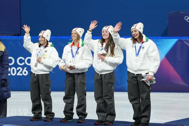 The Italian team in the 3000 m short track relay, silver medalists Arianna Fontana, Elisa Confortola, Arianna Sighel, and Chiara Betti after Women s 3000m relay finals race at the 2026 Winter Olympics, in Milan, Italy, Wednesday, Feb. 18, 2026. (Photo Gian Mattia D Alberto LaPresse)  Copyright: xGianxMattiaxD Alberto LaPressex