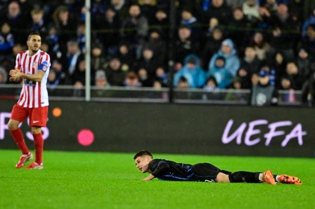Club Brugge v Atletico de Madrid - UEFA Champions League BRUGGE, BELGIUM - FEBRUARY 18 : Tresoldi Nicolo forward of Club Brugge on the ground during the UEFA Champions League 2025 26 knockout phase play-off match first leg between Club Brugge and Atletico de Madrid on February 18, 2026 in Brugge, Belgium, 18 02 2026 Brugge Belgium  Copyright: xJanxDexMeuleneirx