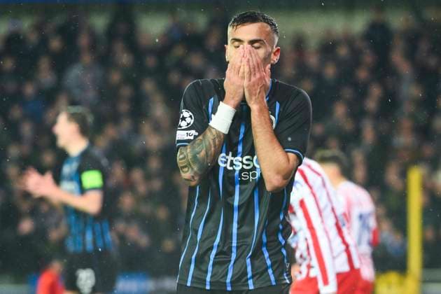 Club Brugge v Atletico de Madrid - UEFA Champions League BRUGGE, BELGIUM - FEBRUARY 18 : Stankovic Aleksandar midfielder of Club Brugge missing an opportunity during the UEFA Champions League 2025 26 knockout phase play-off match first leg between Club Brugge and Atletico de Madrid on February 18, 2026 in Brugge, Belgium, 18 02 2026 Brugge Belgium  Copyright: xVincentxKalutx