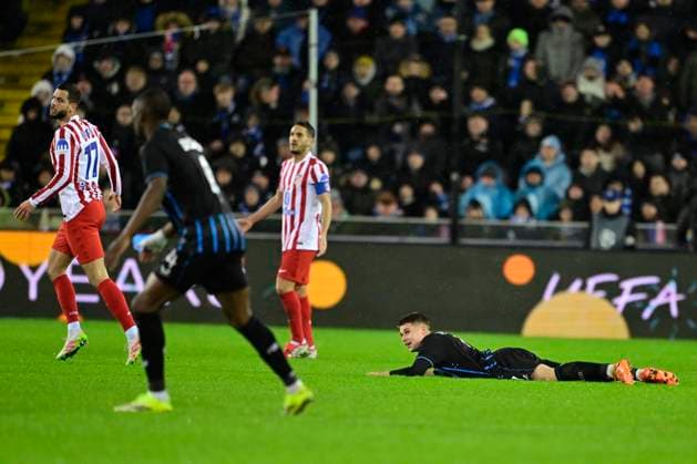 Club Brugge v Atletico de Madrid - UEFA Champions League BRUGGE, BELGIUM - FEBRUARY 18 : Tresoldi Nicolo forward of Club Brugge on the ground during the UEFA Champions League 2025 26 knockout phase play-off match first leg between Club Brugge and Atletico de Madrid on February 18, 2026 in Brugge, Belgium, 18 02 2026 Brugge Belgium  Copyright: xJanxDexMeuleneirx