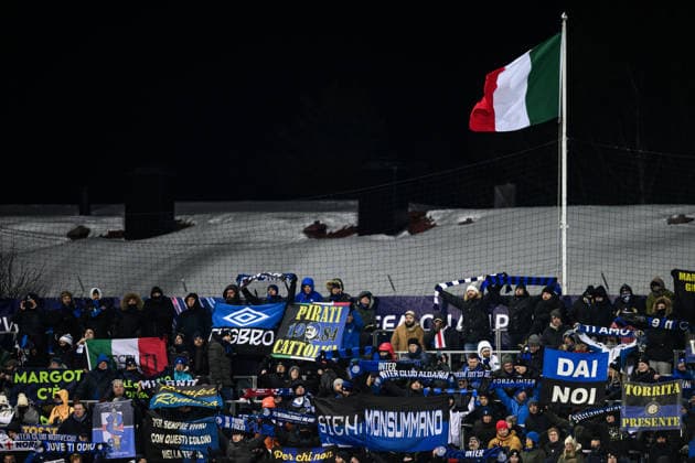 260218 Fans of Inter during the UEFA Champions League football match between Bodo Glimt and Inter on February 18, 2026 in Bodo Photo Marius Simensen BILDBYRAN COP 238 MM0055 bbeng football fotball fotboll soccer uefa champions league mesterligaen bodo glimt inter fc internazionale milano publik  Copyright: MARIUSxSIMENSEN BB260218ZR148