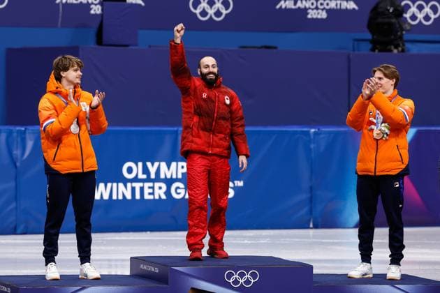 MILAN , 18-02-2026 , Milano Ice Skating Arena , Olympic Winter games, Winterspiele,Spiele, Summer games 2026 - Short Track 18-02 Men™s 500m , Picture shows Melle van t Wout (silver), Steven Dubois (gold), Jens van t Wout (bronze) Olympic Winter Games 2026 - Short Track 18-02  x201715253x Copyright: