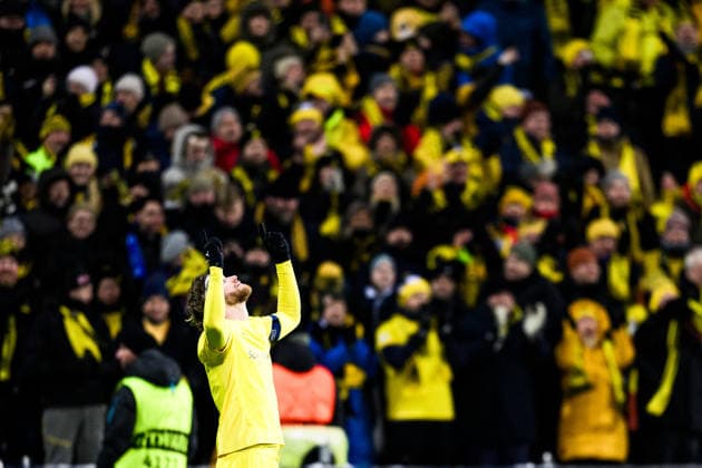 260218 Kasper Hogh of Bodo Glimt celebrates after 3 1 during the UEFA Champions League football match between Bodo Glimt and Inter on February 18, 2026 in Bodo Photo Marius Simensen BILDBYRAN COP 238 MM0055 bbeng football fotball fotboll soccer uefa champions league mesterligaen bodo glimt inter fc internazionale milano jubel  Copyright: MARIUSxSIMENSEN BB260218ZI159
