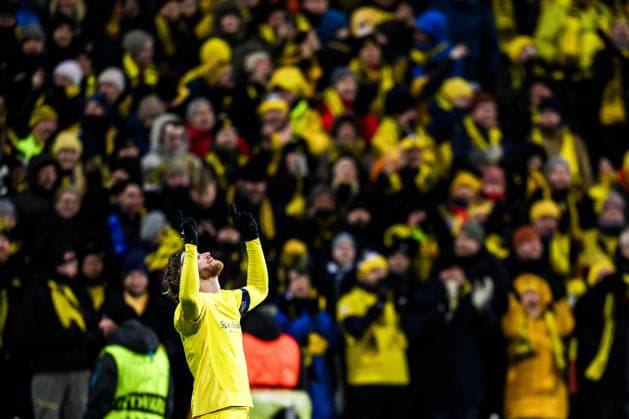 260218 Kasper Hogh of Bodo Glimt celebrates after 3 1 during the UEFA Champions League football match between Bodo Glimt and Inter on February 18, 2026 in Bodo Photo Marius Simensen BILDBYRAN COP 238 MM0055 bbeng football fotball fotboll soccer uefa champions league mesterligaen bodo glimt inter fc internazionale milano jubel  Copyright: MARIUSxSIMENSEN BB260218ZH156