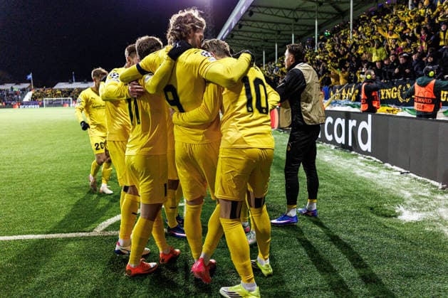 260218 Jens Petter Hauge of Bodo Glimt celebrate with teammates after 2 1 during the UEFA Champions League football match between Bodo Glimt and Inter on February 18, 2026 in Bodo Photo Marius Simensen BILDBYRAN COP 238 MM0055 bbeng football fotball fotboll soccer uefa champions league mesterligaen bodo glimt inter fc internazionale milano jubel  Copyright: MARIUSxSIMENSEN BB260218ZP116