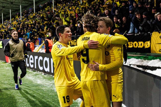 260218 Jens Petter Hauge of Bodo Glimt celebrate with teammates after 2 1 during the UEFA Champions League football match between Bodo Glimt and Inter on February 18, 2026 in Bodo Photo Marius Simensen BILDBYRAN COP 238 MM0055 bbeng football fotball fotboll soccer uefa champions league mesterligaen bodo glimt inter fc internazionale milano jubel  Copyright: MARIUSxSIMENSEN BB260218ZR150