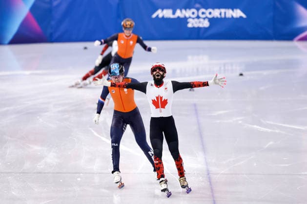 2026-02-18 Short Track Speed skating, Eisschnelllauf - Milano Cortina 2026 Winter Olympics - Day 12 MILAN, ITALY - FEBRUARY 18: Melle van t Wout of the Netherlands, Steven Dubois of Canada reacts after competing in the Men s 500m during Day 12 of Short Track Speed Skating - Milano Cortina 2026 Winter Olympics at Milano Ice Skating Arena on February 18, 2026 in Milan, Italy. (Photo by Joris Verwijst BSR Agency) Milan Italy Content not available for redistribution in The Netherlands directly or indirectly through any third parties. Copyright: xBSRxAgencyx
