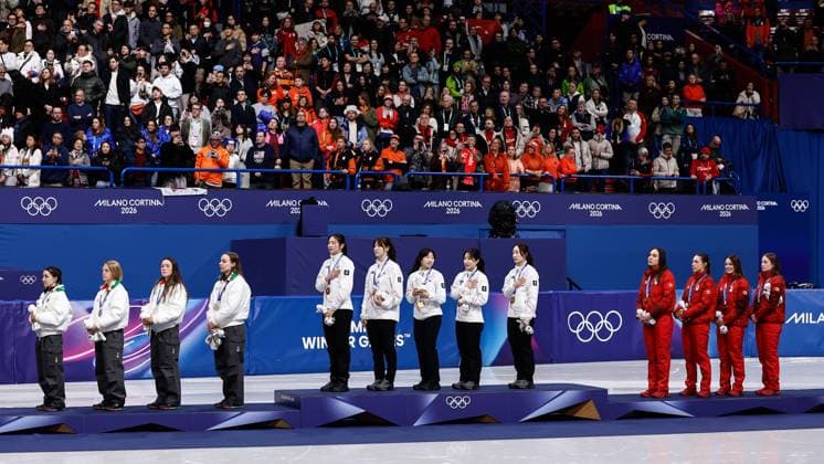 MILAN , 18-02-2026 , Milano Ice Skating Arena , Olympic Winter games, Winterspiele,Spiele, Summer games 2026 - Short Track 18-02 Women™s 3000m relay, Picture shows team Italy (silver) , Republic of Korea (gold), Canada (bronze) Olympic Winter Games 2026 - Short Track 18-02  x201715637x Copyright: