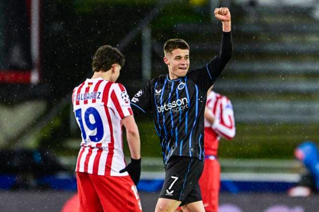 Club Brugge v Atletico de Madrid - UEFA Champions League BRUGGE, BELGIUM - FEBRUARY 18 : Tresoldi Nicolo forward of Club Brugge celebrating scoring a goal during the UEFA Champions League 2025 26 knockout phase play-off match first leg between Club Brugge and Atletico de Madrid on February 18, 2026 in Brugge, Belgium, 18 02 2026 Brugge Belgium  Copyright: xJanxDexMeuleneirx