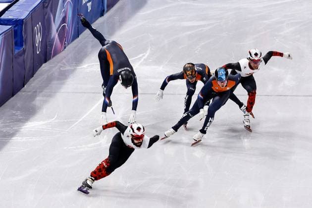 MILAN , 18-02-2026 , Milano Ice Skating Arena , Olympic Winter games, Winterspiele,Spiele, Summer games 2026 - Short Track 18-02 Men™s 500m Final A, Picture shows Jens van t Wout, Steven Dubois, hh121, Teun Boer (falls), William Dandjinou Olympic Winter Games 2026 - Short Track 18-02  x201715709x Copyright: