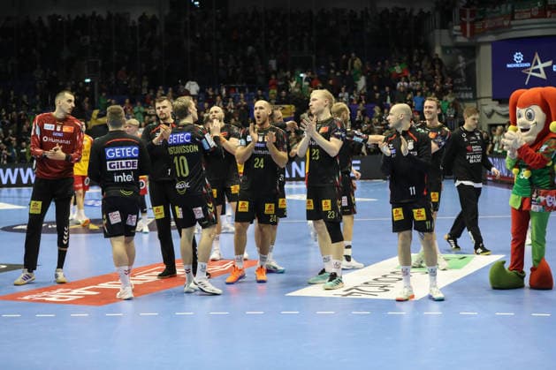 18 02 2026, xgox, Handball, EHF Champions League, SC Magdeburg GOG Handbold v l Magdeburg Cheering about the victory, cheering after the end of the game Magdeburg
