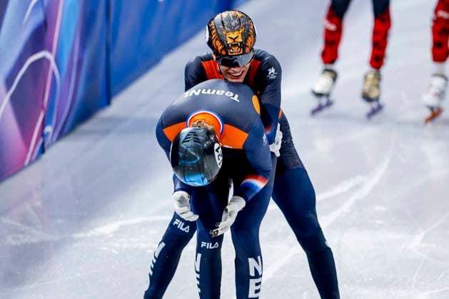 third Jens van t Wout of the Netherlands and second Melle van t Wout of the Netherlands celebrates after Men s 500m Finals, Milano Cortina 2026 Winter Olympics: Day 12, Short Track Speed skating, Eisschnelllauf - Milano Cortina 2026 Winter Olympics: Day 12, Milano Speed Skating Stadium, February 18, 2026, Milan, Italy.