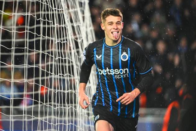 Club Brugge v Atletico de Madrid - UEFA Champions League BRUGGE, BELGIUM - FEBRUARY 18 : Tresoldi Nicolo forward of Club Brugge celebrating scoring a goal during the UEFA Champions League 2025 26 knockout phase play-off match first leg between Club Brugge and Atletico de Madrid on February 18, 2026 in Brugge, Belgium, 18 02 2026 Brugge Belgium  Copyright: xVincentxKalutx