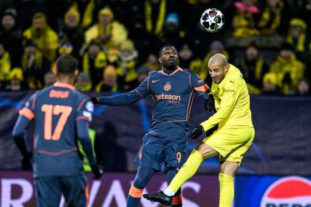 260218 Marcus Thuram of Inter and Haitam Aleesami of Bodo Glimt during the UEFA Champions League football match between Bodo Glimt and Inter on February 18, 2026 in Bodo Photo Marius Simensen BILDBYRAN COP 238 MM0055 bbeng football fotball fotboll soccer uefa champions league mesterligaen bodo glimt inter fc internazionale milano  Copyright: MARIUSxSIMENSEN BB260218ZC140