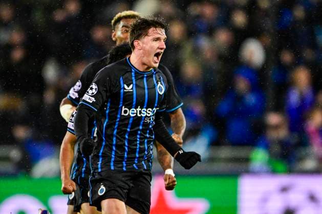 Club Brugge v Atletico de Madrid - UEFA Champions League BRUGGE, BELGIUM - FEBRUARY 18 : Tzolis Christos forward of Club Brugge celebrating scoring a goal during the UEFA Champions League 2025 26 knockout phase play-off match first leg between Club Brugge and Atletico de Madrid on February 18, 2026 in Brugge, Belgium, 18 02 2026 Brugge Belgium  Copyright: xJanxDexMeuleneirx