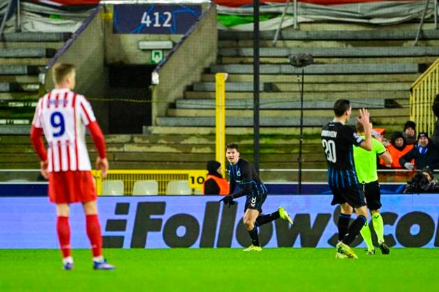 Club Brugge v Atletico de Madrid - UEFA Champions League BRUGGE, BELGIUM - FEBRUARY 18 : Tzolis Christos forward of Club Brugge celebrating scoring a goal during the UEFA Champions League 2025 26 knockout phase play-off match first leg between Club Brugge and Atletico de Madrid on February 18, 2026 in Brugge, Belgium, 18 02 2026 Brugge Belgium  Copyright: xJanxDexMeuleneirx