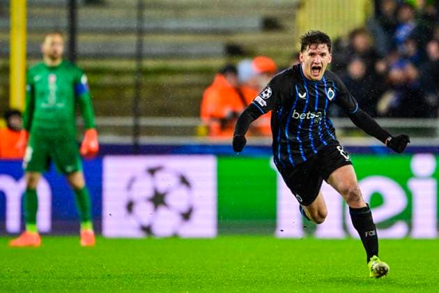 Club Brugge v Atletico de Madrid - UEFA Champions League BRUGGE, BELGIUM - FEBRUARY 18 : Tzolis Christos forward of Club Brugge celebrating scoring a goal during the UEFA Champions League 2025 26 knockout phase play-off match first leg between Club Brugge and Atletico de Madrid on February 18, 2026 in Brugge, Belgium, 18 02 2026 Brugge Belgium  Copyright: xJanxDexMeuleneirx