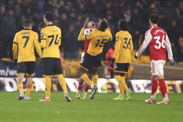 Gabriel Jesus of Arsenal clashes with Yerson Mosquera of Wolverhampton Wanderers at the end of the match Wolverhampton Wanderers v Arsenal, Premier League, Football, Molineux, Wolverhampton, UK - 18 Feb 2026Wolverhampton Molineux United Kingdom EDITORIAL USE ONLY No use with unauthorised audio, video, data, fixture lists, club league logos or live services. Online in-match use limited to 120 images, no video emulation. No use in betting, games or single club league player publications. Copyright: xRyanxBrowne Shutterstockx 16660426fl