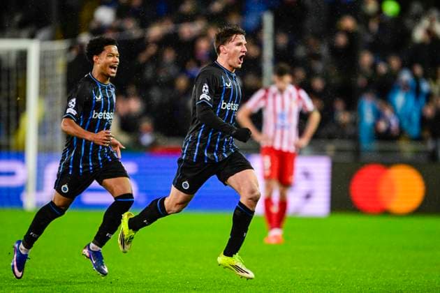 Club Brugge v Atletico de Madrid - UEFA Champions League BRUGGE, BELGIUM - FEBRUARY 18 : Tzolis Christos forward of Club Brugge celebrating scoring a goal during the UEFA Champions League 2025 26 knockout phase play-off match first leg between Club Brugge and Atletico de Madrid on February 18, 2026 in Brugge, Belgium, 18 02 2026 Brugge Belgium  Copyright: xJanxDexMeuleneirx