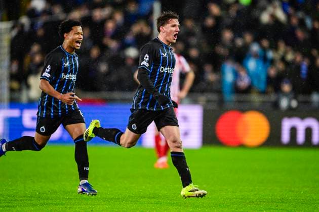 Club Brugge v Atletico de Madrid - UEFA Champions League BRUGGE, BELGIUM - FEBRUARY 18 : Tzolis Christos forward of Club Brugge celebrating scoring a goal during the UEFA Champions League 2025 26 knockout phase play-off match first leg between Club Brugge and Atletico de Madrid on February 18, 2026 in Brugge, Belgium, 18 02 2026 Brugge Belgium  Copyright: xJanxDexMeuleneirx