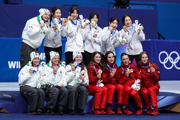 The Canada Team, 3rd place, Bronze Medal, Danae Blais (CAN), Florence Brunelle (CAN), Courtney Sarault (CAN) and Courtney Sarault (CAN), Italy Team, 2nd place, Silver Medal, Elisa Confortola (ITA), Arianna Fontana (ITA), Chiara Betti (ITA) and Arianna Sighel (ITA), Korea Team, 1st place, Gold Medal on the podium Choi Minjeong (KOR), Kim Gilli (KOR), Shim Sukhee (KOR), Lee Soyeon (KOR) and NOH Dohee (KOR) at the end of the Olympic Winter games, Winterspiele,Spiele, Summer games Milano-Cortina 2026, Short Track Speed skating, Eisschnelllauf Women s 3000m Relay Finals on February 18, 2026 at Milano Ice Skating Arena in Milan, Italy  Copyright: xFabrizioxCarabelli IPAxSportx xipa-agency.netx xx IPA_71706706 IPA_Agency_IPA71706706