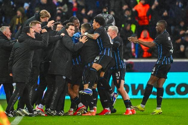 Club Brugge v Atletico de Madrid - UEFA Champions League BRUGGE, BELGIUM - FEBRUARY 18 : Tzolis Christos forward of Club Brugge celebrating scoring a goal during the UEFA Champions League 2025 26 knockout phase play-off match first leg between Club Brugge and Atletico de Madrid on February 18, 2026 in Brugge, Belgium, 18 02 2026 Brugge Belgium  Copyright: xVincentxKalutx