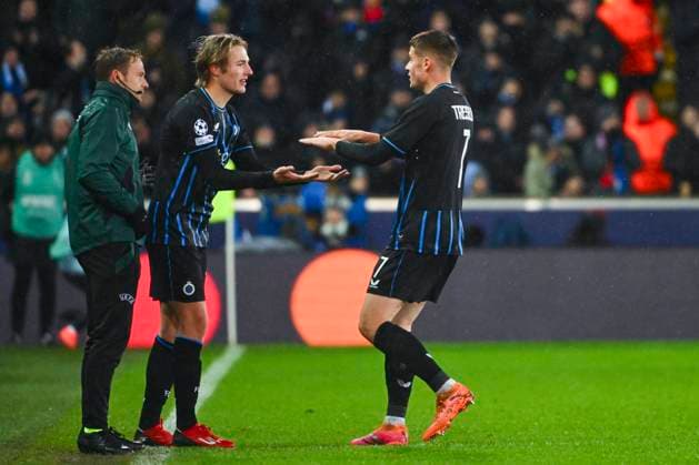 Club Brugge v Atletico de Madrid - UEFA Champions League BRUGGE, BELGIUM - FEBRUARY 18 : Vermant Romeo forward of Club Brugge, Tresoldi Nicolo forward of Club Brugge during the UEFA Champions League 2025 26 knockout phase play-off match first leg between Club Brugge and Atletico de Madrid on February 18, 2026 in Brugge, Belgium, 18 02 2026 Brugge Belgium  Copyright: xVincentxKalutx