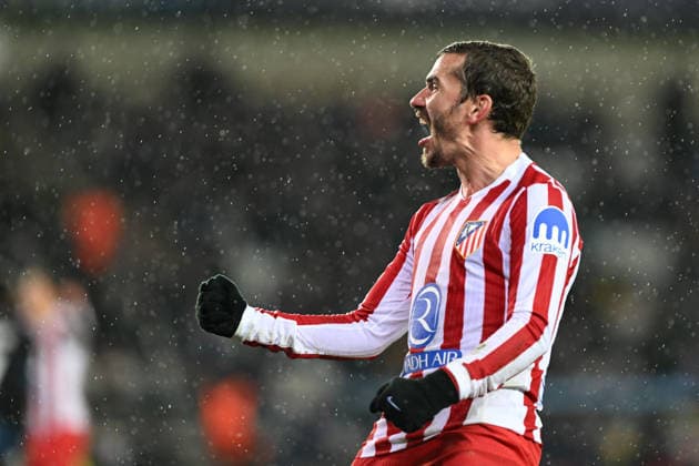 260218 Club Brugge vs Atletico Madrid Antoine Griezmann celebrates after Atletico scored the 0-2 goal during the Uefa Champions League Knock Out play offs first leg in season 2025 - 2026 between Club Brugge KV and Atletico de Madrid on February 18 , 2026 in Brugge, Belgium. (Photo by David Catry Isosport) Brugge Belgium  Copyright: xDavidxCatryx 20260218DC2_3501