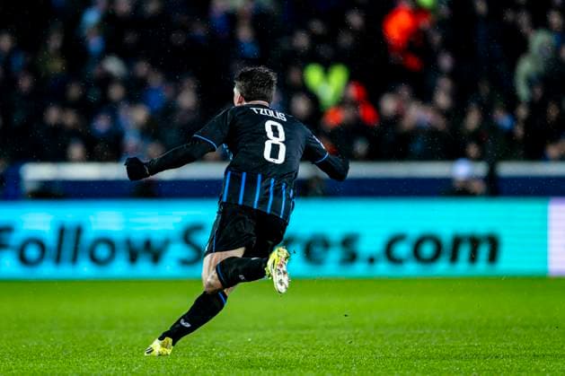 Club Brugge forwarder Christos Tzolis celebrating the goal 3 3, during the match Club Brugge KV vs Atletico de Madrid at the Jan Breydelstadion for the Champions League KO play offs 1st leg season 2025 2026 in BRUGGE, Belgium on 18 february 2026 Photo by Stefan Koops EYE4IMAGES DeFodi Images