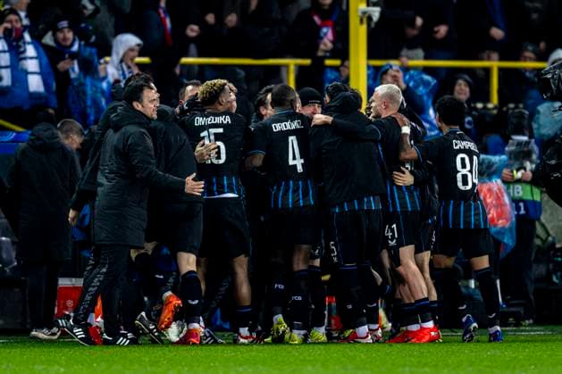 Players of Club Brugge celebrating the goal of Club Brugge forwarder Christos Tzolis 3 3, during the match Club Brugge KV vs Atletico de Madrid at the Jan Breydelstadion for the Champions League KO play offs 1st leg season 2025 2026 in BRUGGE, Belgium on 18 february 2026 Photo by Stefan Koops EYE4IMAGES DeFodi Images