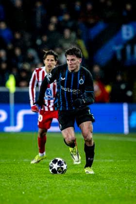 Club Brugge forwarder Christos Tzolis, during the match Club Brugge KV vs Atletico de Madrid at the Jan Breydelstadion for the Champions League KO play offs 1st leg season 2025 2026 in BRUGGE, Belgium on 18 february 2026 Photo by Stefan Koops EYE4IMAGES DeFodi Images