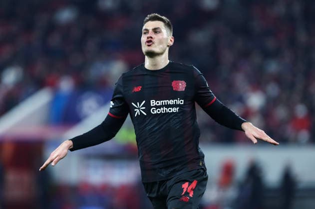 February 18, 2026, Piraeus, Piraeus, Greece: 14 PATRIK SCHICK of Bayer Leverkusen celebrating a goal during the UEFA Champions League, play-offs 1st leg game between Olympiacos and Bayer 04 Leverkusen at Georgios Karaiskakis Stadium on February 18, 2026, in Piraeus, Greece Piraeus Greece - ZUMAk160 20260218_zip_k160_001 Copyright: xStefanosxKyriazisx