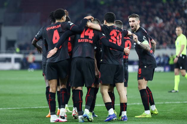 February 18, 2026, Piraeus, Piraeus, Greece: 14 PATRIK SCHICK of Bayer Leverkusen celebrating a goal with his teammates during the UEFA Champions League, play-offs 1st leg game between Olympiacos and Bayer 04 Leverkusen at Georgios Karaiskakis Stadium on February 18, 2026, in Piraeus, Greece Piraeus Greece - ZUMAk160 20260218_zip_k160_005 Copyright: xStefanosxKyriazisx