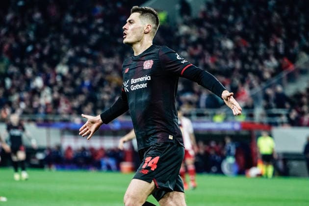 Olympiacos v Bayer Leverkusen - UEFA Champions League PIRAEUS, GREECE - FEBRUARY 18: Bayer Leverkusen player Patrik Schick celebrates his team’s goal during the UEFA Champions League match between Olympiacos Piraeus and Bayer Leverkusen for the 2025-26 season at Karaiskaki Stadium in Piraeus, Greece, on February 18, 2026. Andreas Papakonstantinou Anadolu Piraeus Greece. Editorial use only. Please get in touch for any other usage.  Copyright: x2026xAnadoluxAndreasxPapakonstantinoux