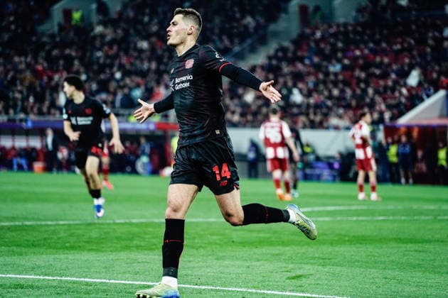 Olympiacos v Bayer Leverkusen - UEFA Champions League PIRAEUS, GREECE - FEBRUARY 18: Bayer Leverkusen player Patrik Schick celebrates his team’s goal during the UEFA Champions League match between Olympiacos Piraeus and Bayer Leverkusen for the 2025-26 season at Karaiskaki Stadium in Piraeus, Greece, on February 18, 2026. Andreas Papakonstantinou Anadolu Piraeus Greece. Editorial use only. Please get in touch for any other usage.  Copyright: x2026xAnadoluxAndreasxPapakonstantinoux
