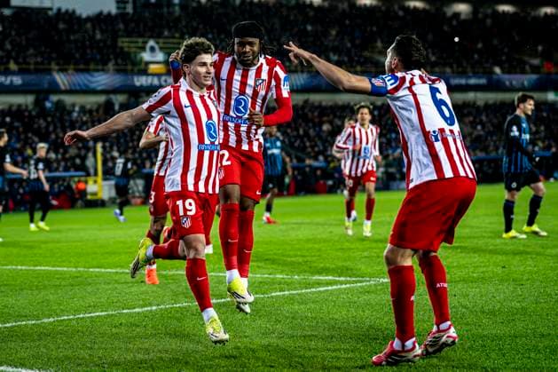 Atletico de Madrid forwarder Julian Alvarez, Atletico de Madrid forwarder Ademola Lookman, Atletico de Madrid midfielder Koke, during the match Club Brugge KV vs Atletico de Madrid at the Jan Breydelstadion for the Champions League KO play offs 1st leg season 2025 2026 in BRUGGE, Belgium on 18 february 2026 Photo by Stefan Koops EYE4IMAGES DeFodi Images