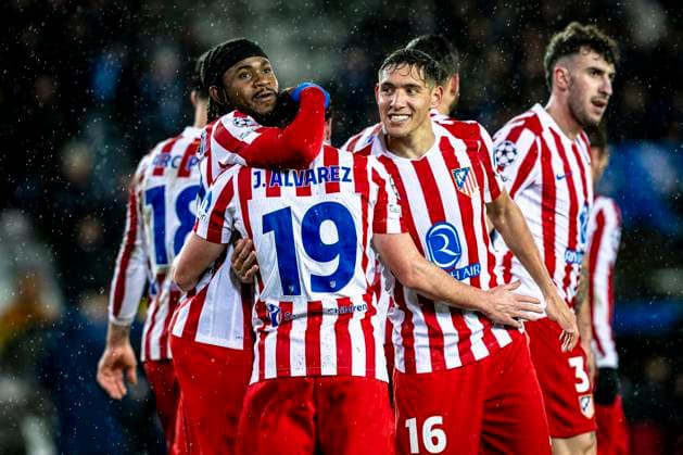 Atletico de Madrid forwarder Ademola Lookman, Atletico de Madrid forwarder Julian Alvarez, Atletico de Madrid defender Nahuel Molina, during the match Club Brugge KV vs Atletico de Madrid at the Jan Breydelstadion for the Champions League KO play offs 1st leg season 2025 2026 in BRUGGE, Belgium on 18 february 2026 Photo by Stefan Koops EYE4IMAGES DeFodi Images