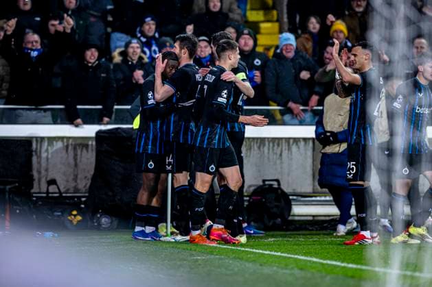 Players of Club Brugge celebrating the goal, during the match Club Brugge KV vs Atletico de Madrid at the Jan Breydelstadion for the Champions League KO play offs 1st leg season 2025 2026 in BRUGGE, Belgium on 18 february 2026 Photo by Stefan Koops EYE4IMAGES DeFodi Images