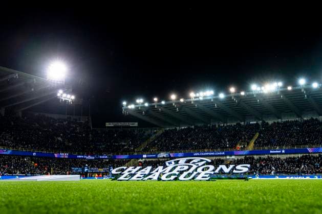 Champions League logo on the pitch, during the match Club Brugge KV vs Atletico de Madrid at the Jan Breydelstadion for the Champions League KO play offs 1st leg season 2025 2026 in BRUGGE, Belgium on 18 february 2026 Photo by Stefan Koops EYE4IMAGES DeFodi Images