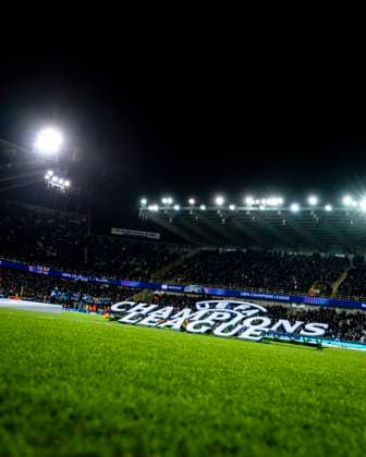 Champions League logo on the pitch, during the match Club Brugge KV vs Atletico de Madrid at the Jan Breydelstadion for the Champions League KO play offs 1st leg season 2025 2026 in BRUGGE, Belgium on 18 february 2026 Photo by Stefan Koops EYE4IMAGES DeFodi Images