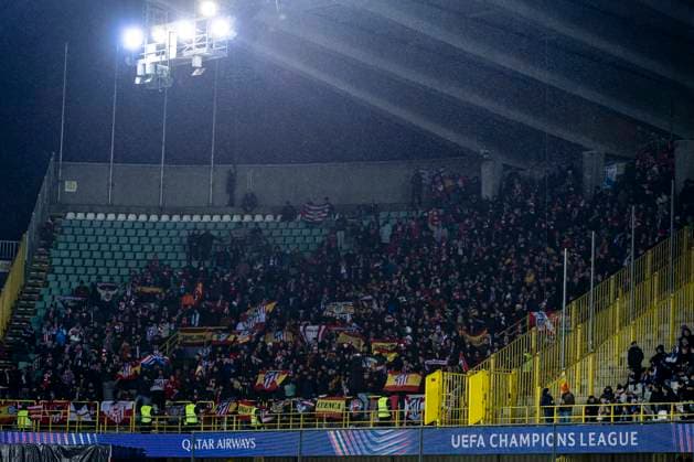 Supporters of Atletico de Madrid, during the match Club Brugge KV vs Atletico de Madrid at the Jan Breydelstadion for the Champions League KO play offs 1st leg season 2025 2026 in BRUGGE, Belgium on 18 february 2026 Photo by Stefan Koops EYE4IMAGES DeFodi Images