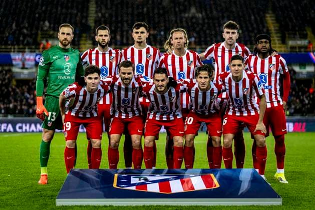Atletico de Madrid goalkeeper Jan Oblak, Atletico de Madrid defender Matteo Ruggeri, Atletico de Madrid defender David Hancko, Atletico de Madrid defender Marc Pubill, Atletico de Madrid defender Nahuel Molina, Atletico de Madrid forwarder Ademola Lookman, Atletico de Madrid midfielder Marcos Llorente, Atletico de Madrid midfielder Koke, Atletico de Madrid forwarder Giuliano Simeone, Atletico de Madrid forwarder Antoine Griezmann, Atletico de Madrid forwarder Julian Alvarez, during the match Club Brugge KV vs Atletico de Madrid at the Jan Breydelstadion for the Champions League KO play offs 1st leg season 2025 2026 in BRUGGE, Belgium on 18 february 2026 Photo by Stefan Koops EYE4IMAGES DeFodi Images