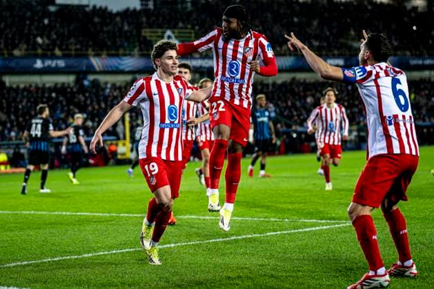 Atletico de Madrid forwarder Julian Alvarez, Atletico de Madrid forwarder Ademola Lookman, Atletico de Madrid midfielder Koke, during the match Club Brugge KV vs Atletico de Madrid at the Jan Breydelstadion for the Champions League KO play offs 1st leg season 2025 2026 in BRUGGE, Belgium on 18 february 2026 Photo by Stefan Koops EYE4IMAGES DeFodi Images