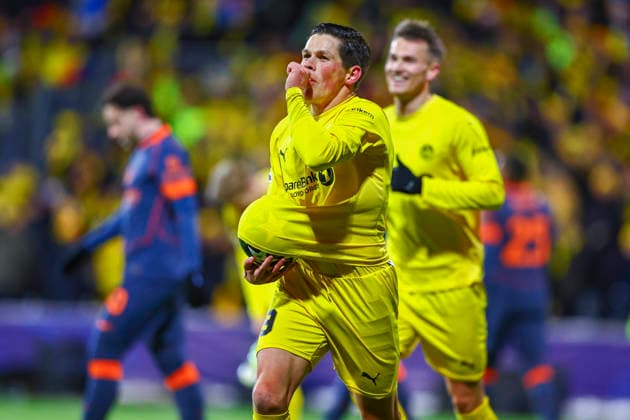 Football, Champions League 2025 2026 Bodo Glimt Inter Bodo 20260218 Bodo Glimts Sondre Brunstad Fet celebrates after scoring the first goal of the match in the Champions League football match between Bodo Glimt and Inter at Aspmyra Stadium Photo Mats Torbergsen NTB Bodo Norway EDITORIAL USE ONLY RESTRICTED USE FOR BETTING COMPANIES  Copyright: xMatsxTorbergsenx xNTBx