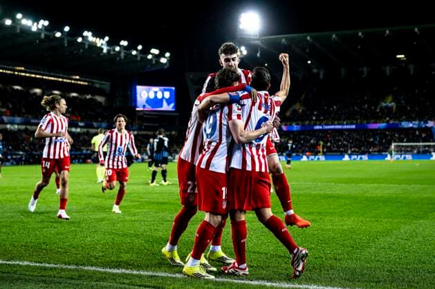 Atletico de Madrid forwarder Julian Alvarez, Atletico de Madrid forwarder Ademola Lookman, Atletico de Madrid midfielder Koke, during the match Club Brugge KV vs Atletico de Madrid at the Jan Breydelstadion for the Champions League KO play offs 1st leg season 2025 2026 in BRUGGE, Belgium on 18 february 2026 Photo by Stefan Koops EYE4IMAGES DeFodi Images