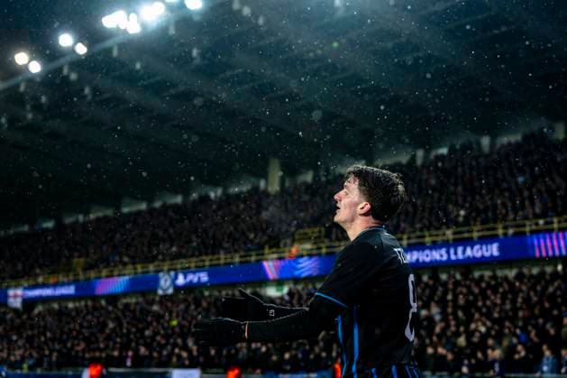Club Brugge forwarder Christos Tzolis, during the match Club Brugge KV vs Atletico de Madrid at the Jan Breydelstadion for the Champions League KO play offs 1st leg season 2025 2026 in BRUGGE, Belgium on 18 february 2026 Photo by Stefan Koops EYE4IMAGES DeFodi Images