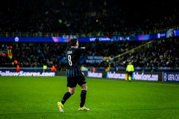 Club Brugge forwarder Christos Tzolis, during the match Club Brugge KV vs Atletico de Madrid at the Jan Breydelstadion for the Champions League KO play offs 1st leg season 2025 2026 in BRUGGE, Belgium on 18 february 2026 Photo by Stefan Koops EYE4IMAGES DeFodi Images